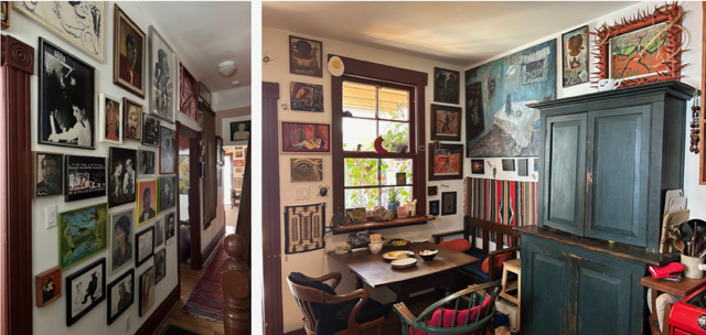Entrance hallway into the home of Herb Tookey (left) featuring several artworks meticulously curated and placed. The kitchen (right) with several works surrounding a larger centrepiece painting by Rae Johnson titled “Mud on the Kitchen Table."