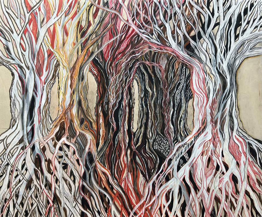Lorien Suarez-Kanerva, Wooded Terrain 5, 2021, charcoal, pastel and ink on raw wood panel, 20  x 24 inches