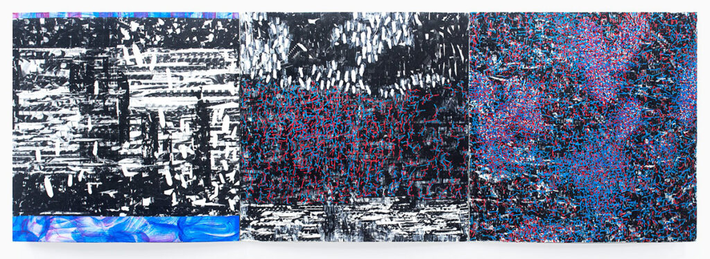 Creighton Michael, Frequency, 2011, oil, acrylic, digital transfer on convex panels, 24 x 72 x 2 ½ inches