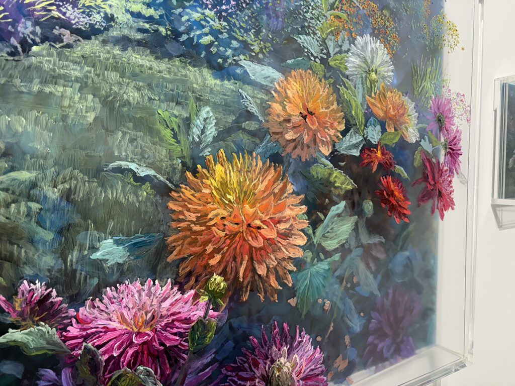 Martin Weinstein, Dahlia Bed, Afternoon and Evening, 2018, acrylics on multiple acrylic sheets, oblique angle photo by the author