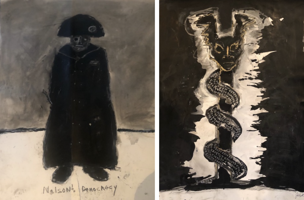 John Scott, Left; Dark Commander - Nelson’s Democracy, 2012, Mixed media on paper mounted on canvas 50 x 38 inches. Right; Snake Watch Tower, 2020, Mixed media on paper mounted on canvas 50 x 38 inches