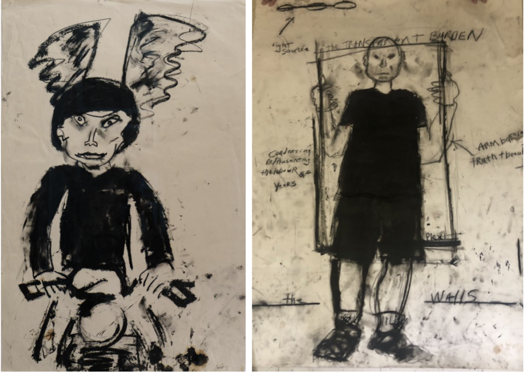 Left; Rebel Without a Cause (James Dean), 2000, Charcoal and oil stick on paper 38 x 25 inches. Right; The Transparent Burden, mixed media on paper 50 x 38 inches