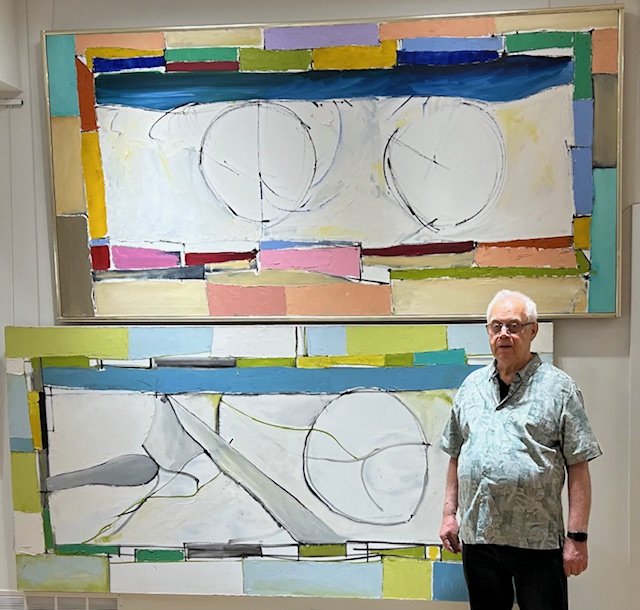 Ben Woolfitt in his bedroom with two works by William Ronald (top) Dolly, 1980 oil on canvas and (bottom) The Moon and You, 1980 oil on canvas