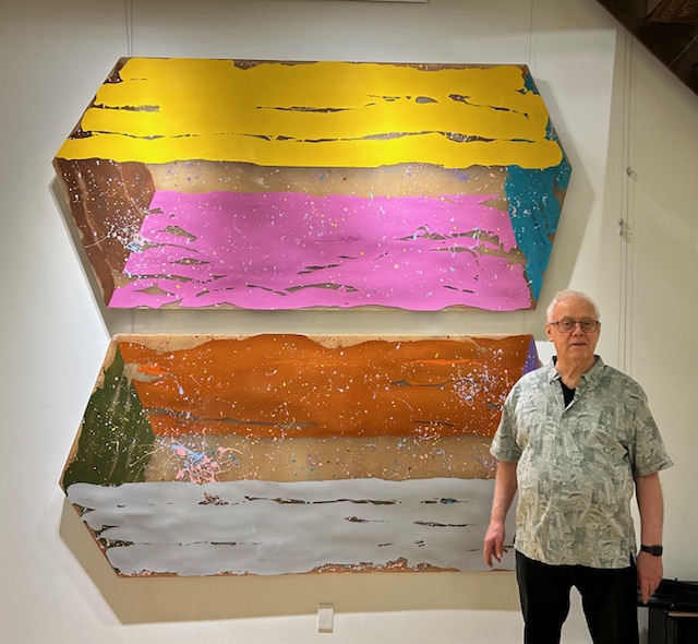 Ben Woolfitt in his loft with Ron Davis, Cuffs, 1969 Diptych polyester resin and fibreglass.