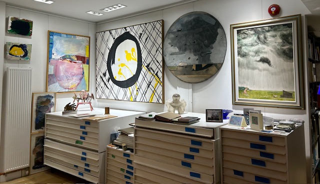 File drawers containing drawings, works on paper and collectible artists’ books. Art work (From left to right) two small William Ronalds and one large William Ronald, John Meredith, Otto Rogers and William Kurelek