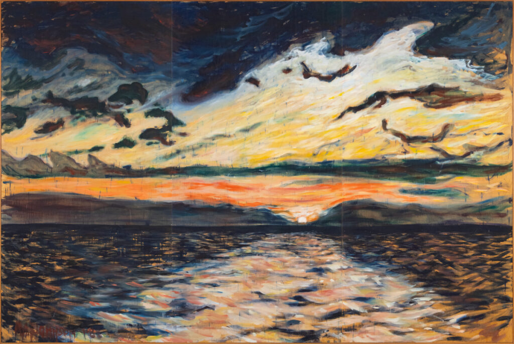 Rae Johnson, Sunset, Lake Winnipeg, 1988, oil on wood, 244 x 366 cm