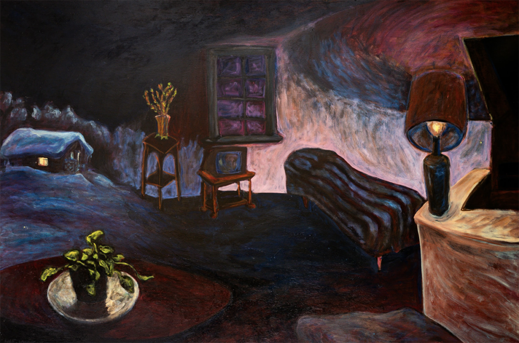 Rae Johnson, Unknown Title (Rae's bedroom and studio in Flesherton), 1995, Oil on wood panel, 121.9 x 182.9 cm 