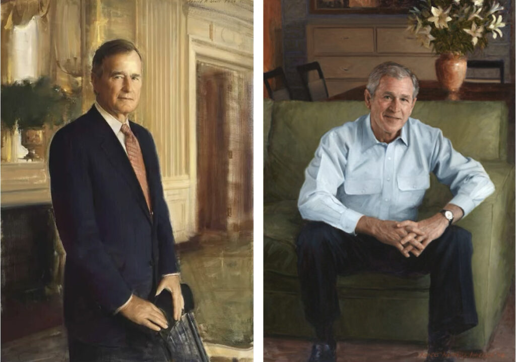 LEFT; Ronald N. Sherr (1952 - 2022) George H. W. Bush (1924-1918) 41st President of the United States, 1989-1993, 1994-1995 oil on canvas 58-1/2 x 43-1/2 x 5 inches.
RIGHT; Robert A. Anderson (1946- ) George W. Bush (1946- ) 43rd President of the United States, 2001-2009, 2008 oil on canvas 52-1/8 x 36-1/2 inches.