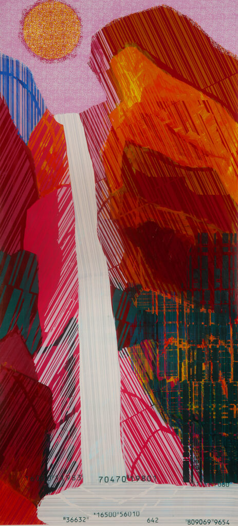 Hyun-Young Oh, Barcode Landscape 202527, mixed media on canvas, 135 x 61 cm (brighter)