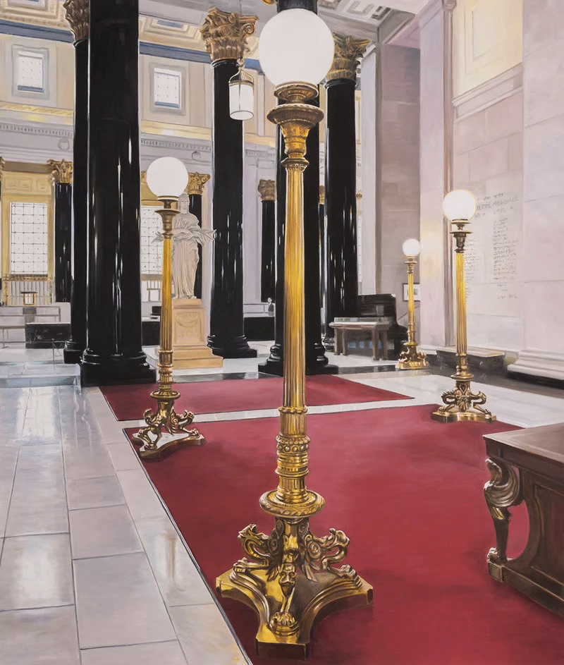 Joanne Tod; La Banque, 2025, oil on canvas, 72 x 54 inches