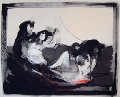 Katie Pretti; Daemons No. 3, 2016, 54" x 68” Acrylic, oil stick, oil pastel and graphite, on canvas. Collection of Jeanette Preis