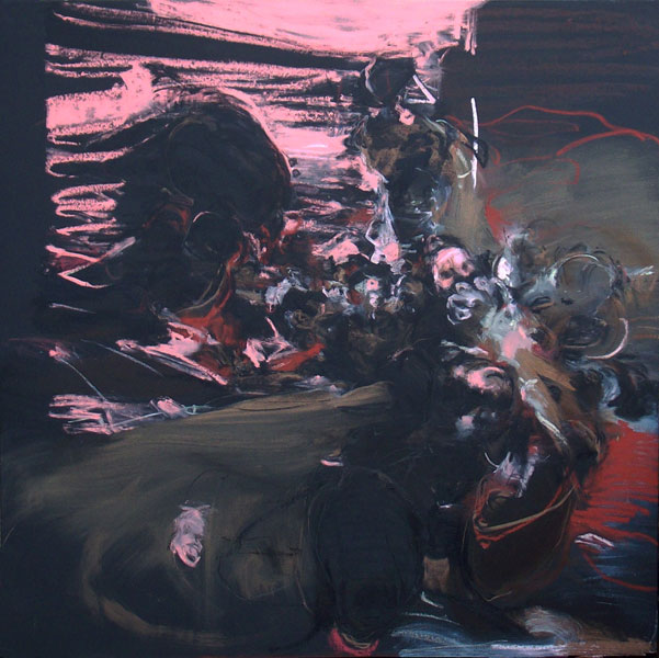 Katie Pretti; The 4th Pathway No 4, 2012, 47” x 47”, acrylic, oil stick, oil pastel, and graphite on canvas. Private Collection