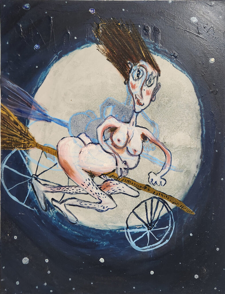 Sarah Belleview, “Self Portrait as Witch,” acrylic, beads, oil on canvas, 22 x 28 inches