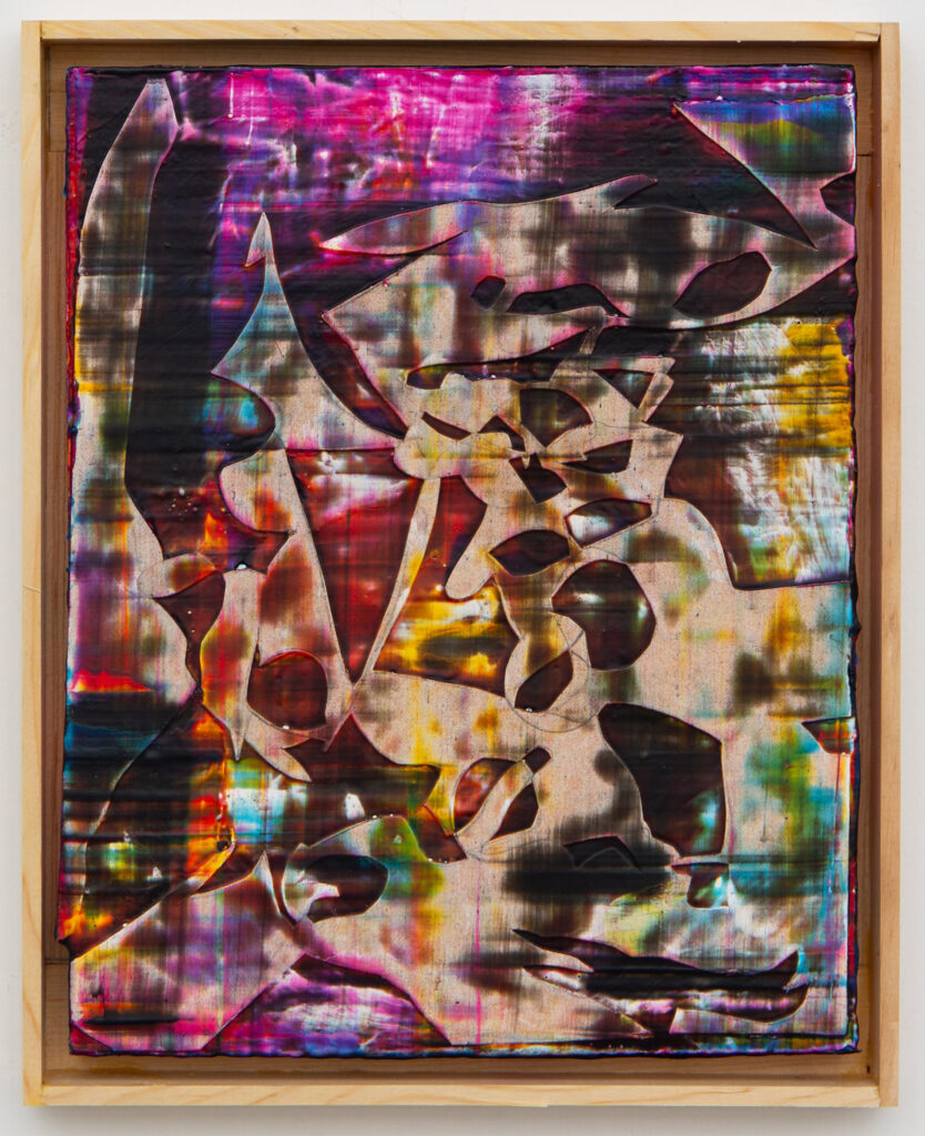 Mason Dowling, Barnacle Candy, 2026, acrylic and paper on wood panel with artist-made wood frame, 11 x 9 inches