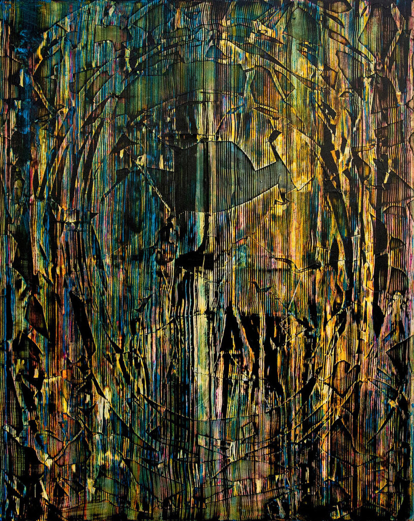 Mason Dowling, Cutt (Trucha), 2025, acrylic and paper on polyester, 60 x 48 inches