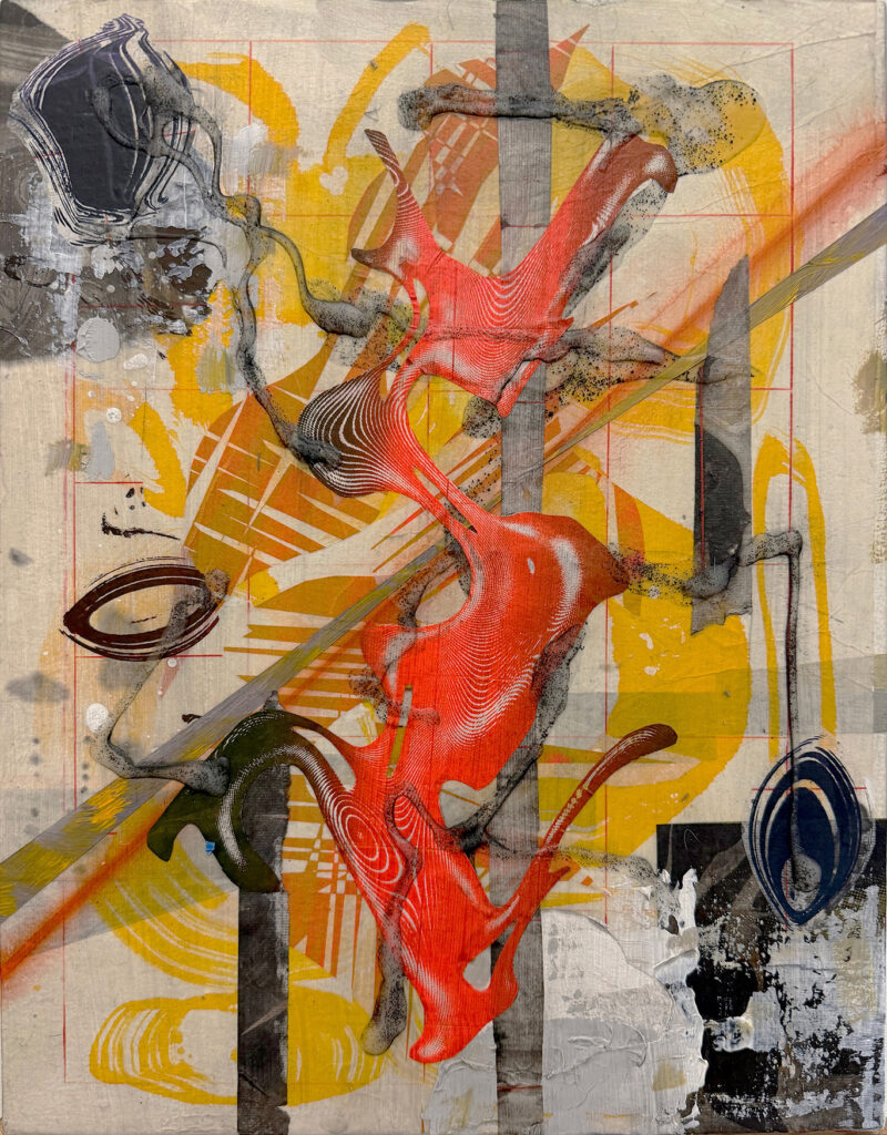 Jeffrey Bishop, Sidewinder #6, 2026, acrylic and collage on wood panel, 117 1/2 x 13 1/2 inches