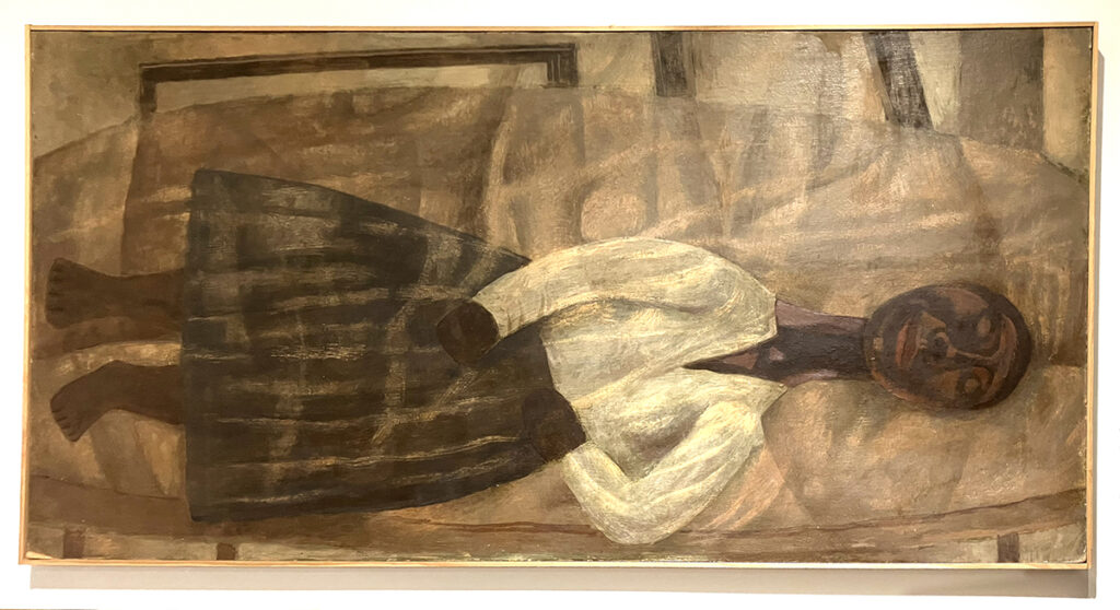 Reclining Figure with White Blouse (undated, mid twentieth century), egg tempera with oil on masonite, 24 ¼ x 48 inches