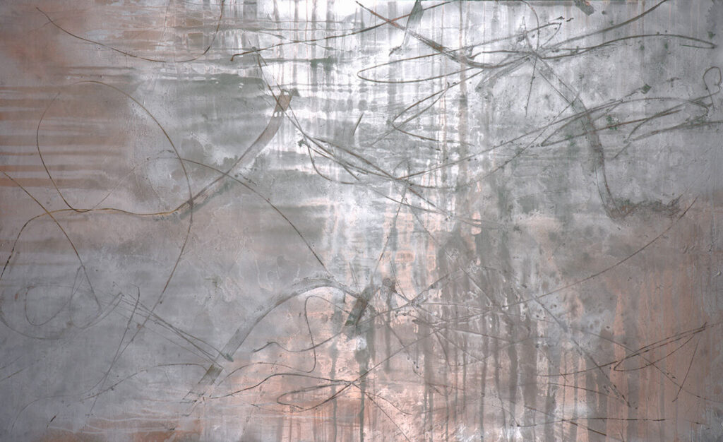 Murray Hochman, Silver and Copper Abstraction, 2004, aerosol paint on canvas, 54 x 88.5 in.