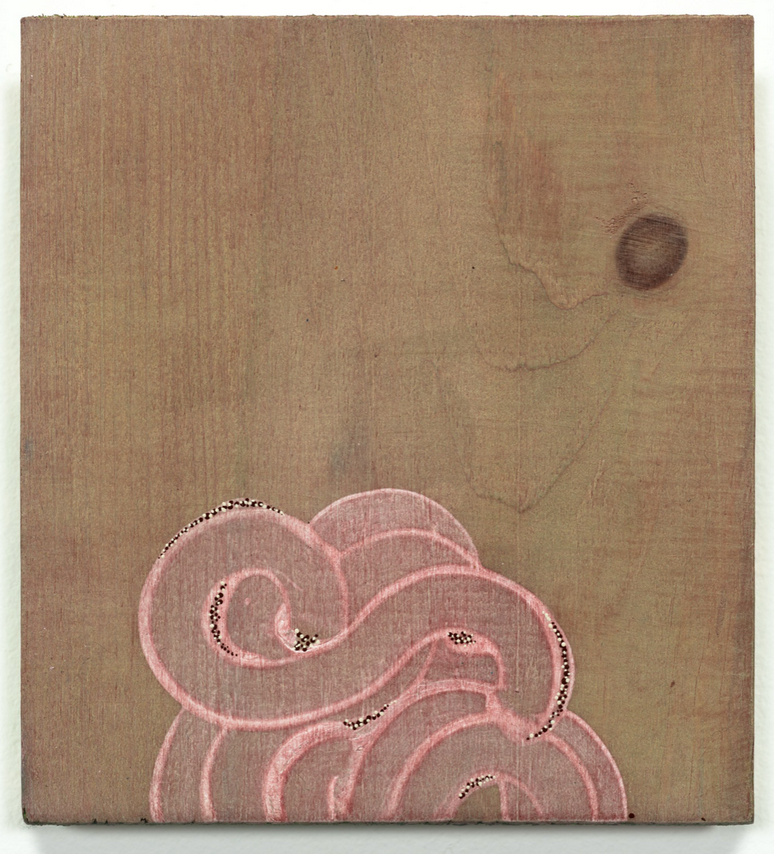 Alyse Rosner, From Wind or Sky or Myth (quiet pink), 2025, acrylic on raw pine, 6 x 5.5 in, 15.2 x 14 cm