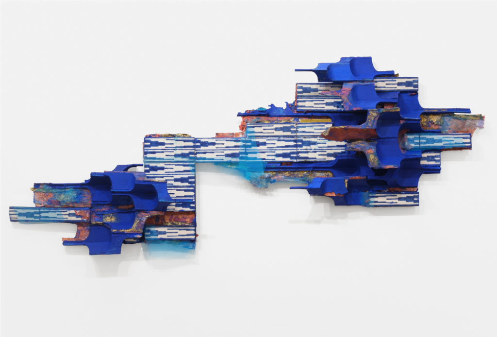 Armita Raafat, Untitled, 2019, resin, paper mâché, tiles, fabric, mesh tiles, fabric, mesh, and acrylic, 38 x 80 x 7 in, 96.5 x 203.2 x 17.8 cm