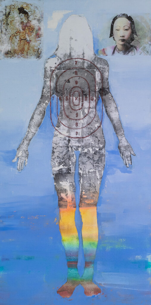 Denise Shaw, Targeting, 2021, acrylic, photo transfer on linen, 60 x 30 inches (photo Katie Zaptka)