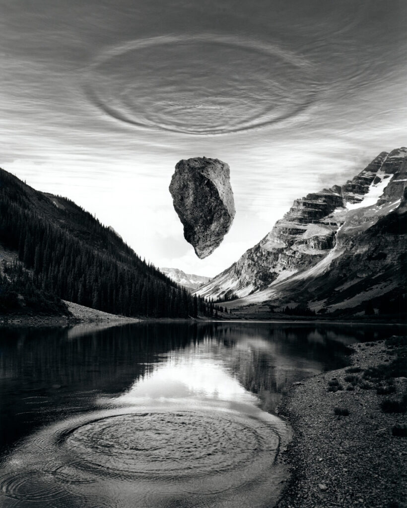 Jerry Uelsmann, Untitled, 1991, gelatin silver print, 3 negatives – sky ripples, rock, background, 14 x 11 inches (digital scan of original photo Jerry Uelsmann)