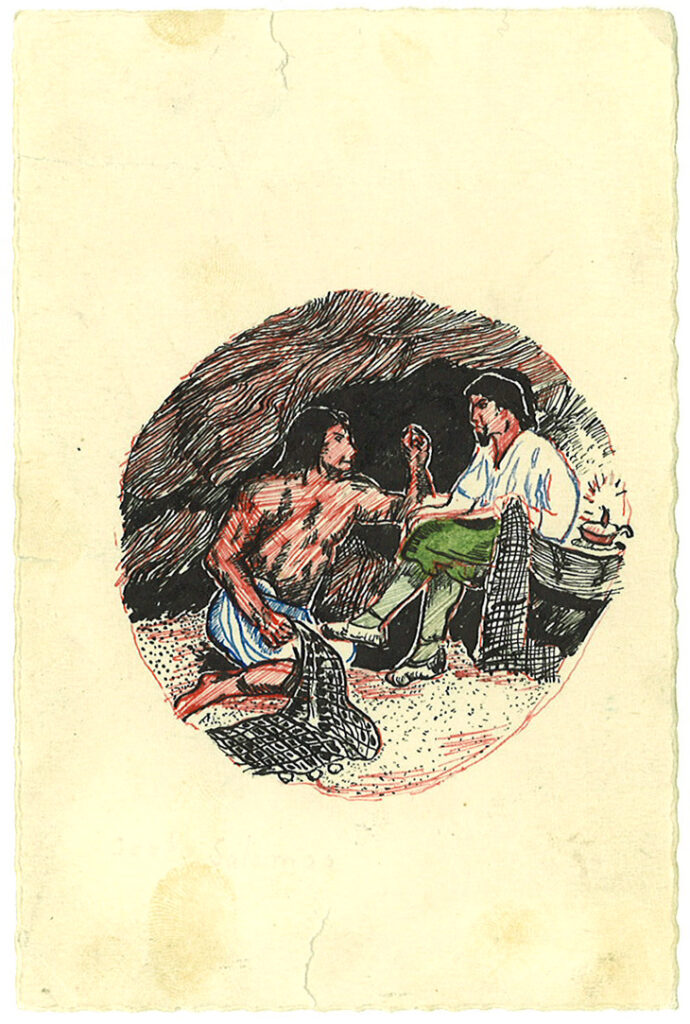 Jouko Salomaa, Robinson Crusoe and Friday, 1957, ink on paper. Gifted by Jouko to classmate Lennart Hansson before Jouko's ocean departure 