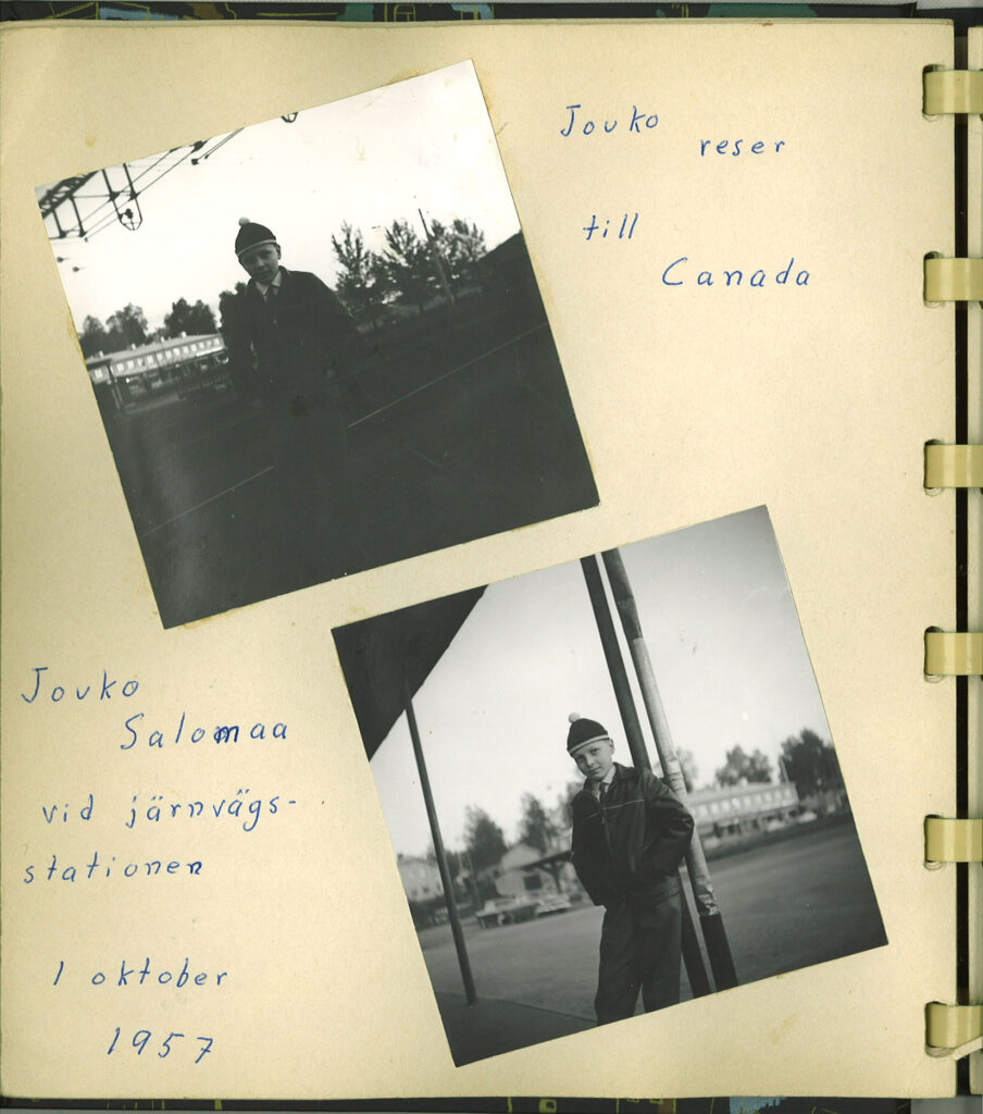 Jouko reser till Canada, October 1, 1957, Lennart Hansson scrap book page with two of his photos of Jouko Salomaa at the train station in Grangesberg, Sweden, taken the day before Jouko boarded the SAL ocean liner Stockholm in the Copenhagen to Halifax, Canada Atlantic crossing