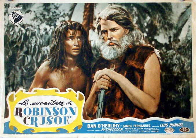 Movie poster for Luis Bunel's 1954 Adventures of Robinson Crusoe. It was screened a year or so before the 1957 Atlantic crossing by Jouko Salomaa