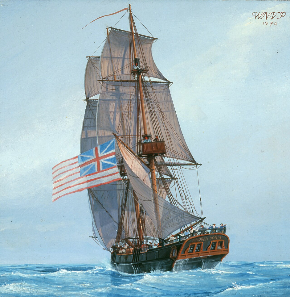 Phillips Melville (Colonel, USMC, Retired), Continental Brig Andrew Doria depicts the warship receiving its historic first official salute from the Dutch at St. Eustatius on November 16, 1776. Courtesy of the U.S. Navy Art Collction, Naval History and Heritage Command (NHHC), Washington,D.C. Gift of Colonel Phillips Melville, 1977. Public Domain (as a work of the U.S. federal government/U.S. Navy