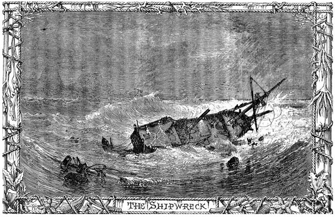 Scanned image by Philip V. Allingham. The illustrator presents a convincing panorama of the wrecked merchantman off the coast of a remote island off the South American coast (left), with several small figures (presumably, one of them Crusoe). London publisher: Cassell, Petter, and Galpin, 1863-64
