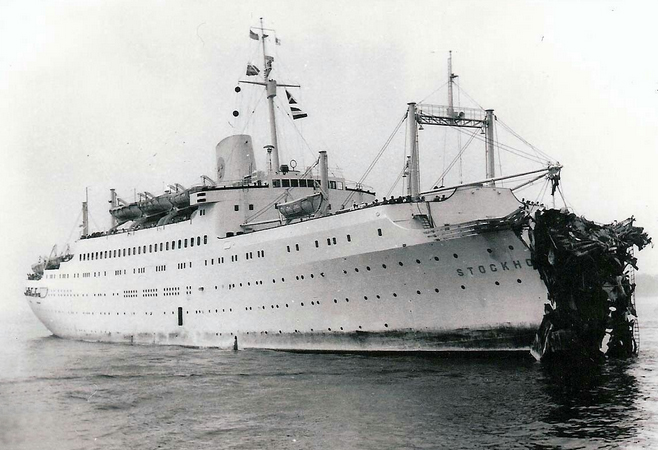 The Swedish American Line ship The Stockholm photographed after its 1956 collision with the Andrea Doria in Nantucket Sound