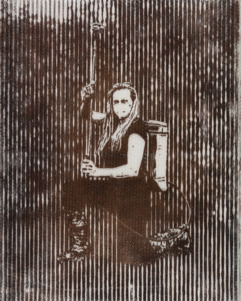 Anikó Csonga Kovács: Individual, 2025, linocut on layered plastic sheets and paper, 100 x 80 cm