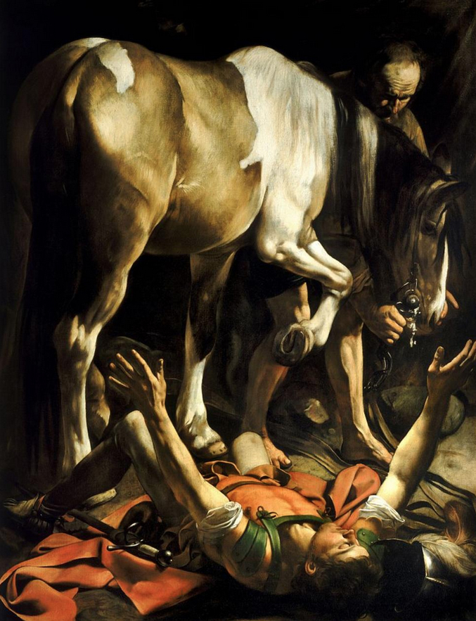 Michelangelo Merisi da Caravaggio, The Conversion of Saint Paul (c. 1601), oil on canvas, 230 × 175 cm (approximately 90½ × 69 in), the Cerasi Chapel,Basilica of Santa Maria del Popolo in Rome