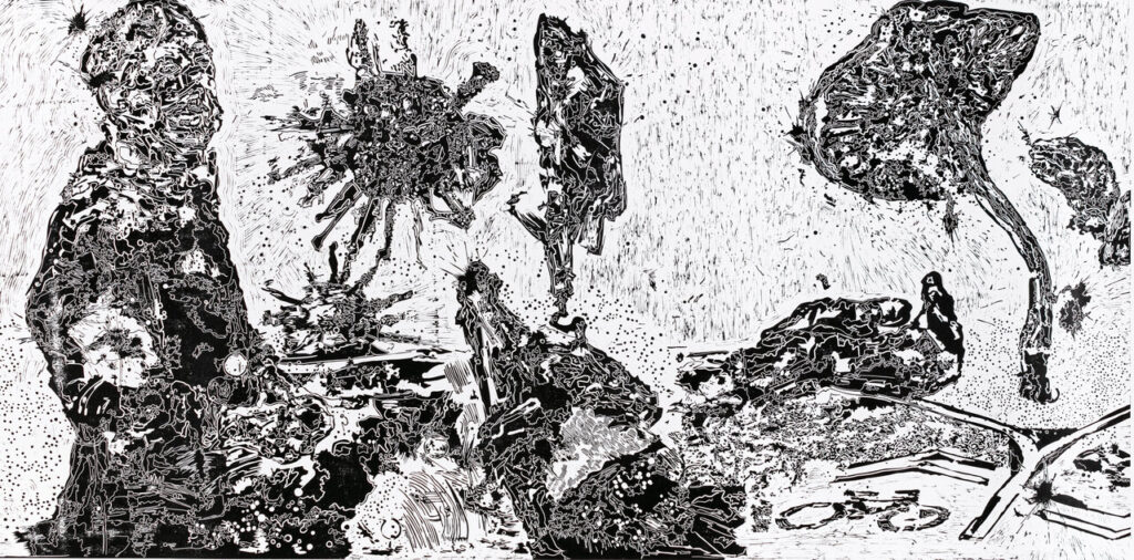 Orsolya Cseh: Wedged into my words, 2025, linocut on paper, 99 x 200 cm