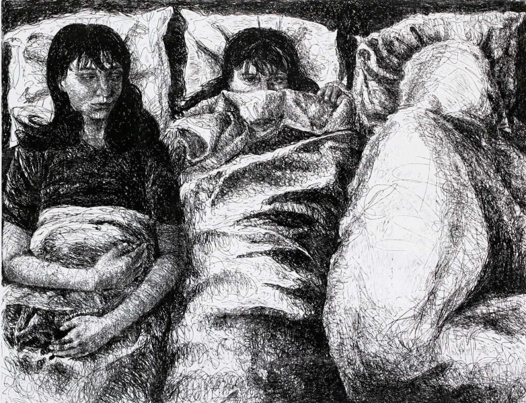 Réka Dobi: From late Night to early morning I., 2025, linocut on paper 116 x 151 cm