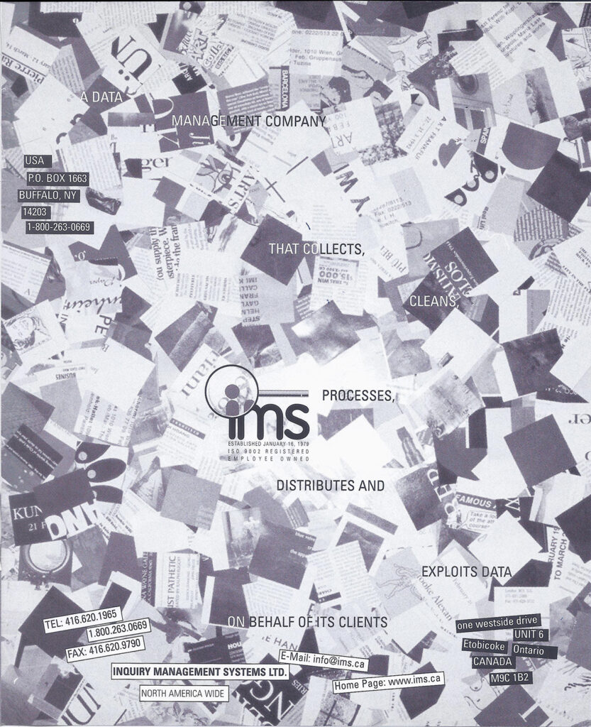 Steve Rockwell, inside back page ad from Premier Edition of dArt International magazine (1998). Slogan: "A data management company that collects, cleans, processes, distributes and exploits data on behalf of its clients."