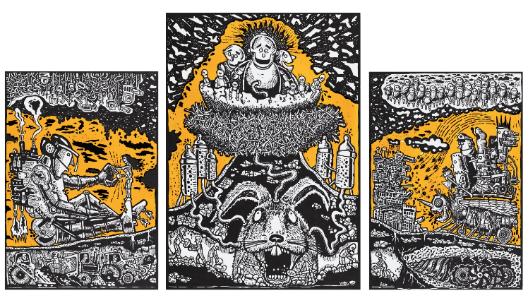 Tamás G. Kovács (L-R): The annunciation, 2026, linocut on paper, 60 x 42 cm; The moment of birth, 2026, linocut on paper, 70 x 50 cm and Massacre of the innocents, 2026, linocut on paper, 60 x 42 cm