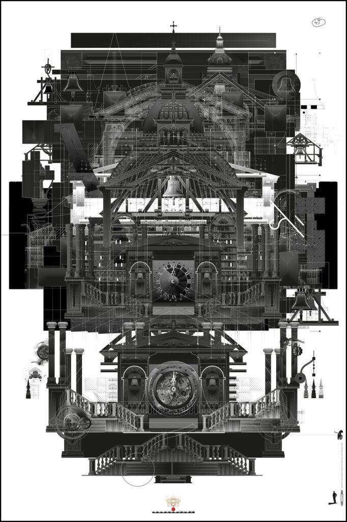 Tamás Felshmann: Basilica Minor 49, Study, 2024, digital giclée print on paper, 150 x 100 cm (left) and detail (right)