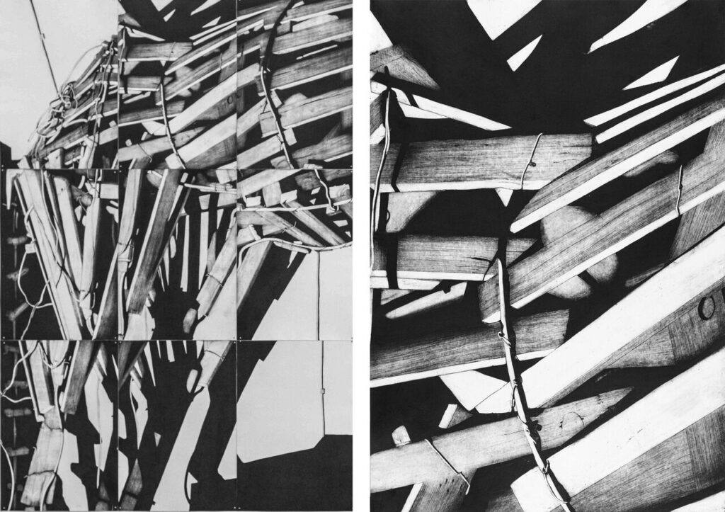 Miklós Kelemen: Unfinished sculpture, 2025, intaglio collagraphy on paper, 297 x 207 cm (left) and detail (right)
