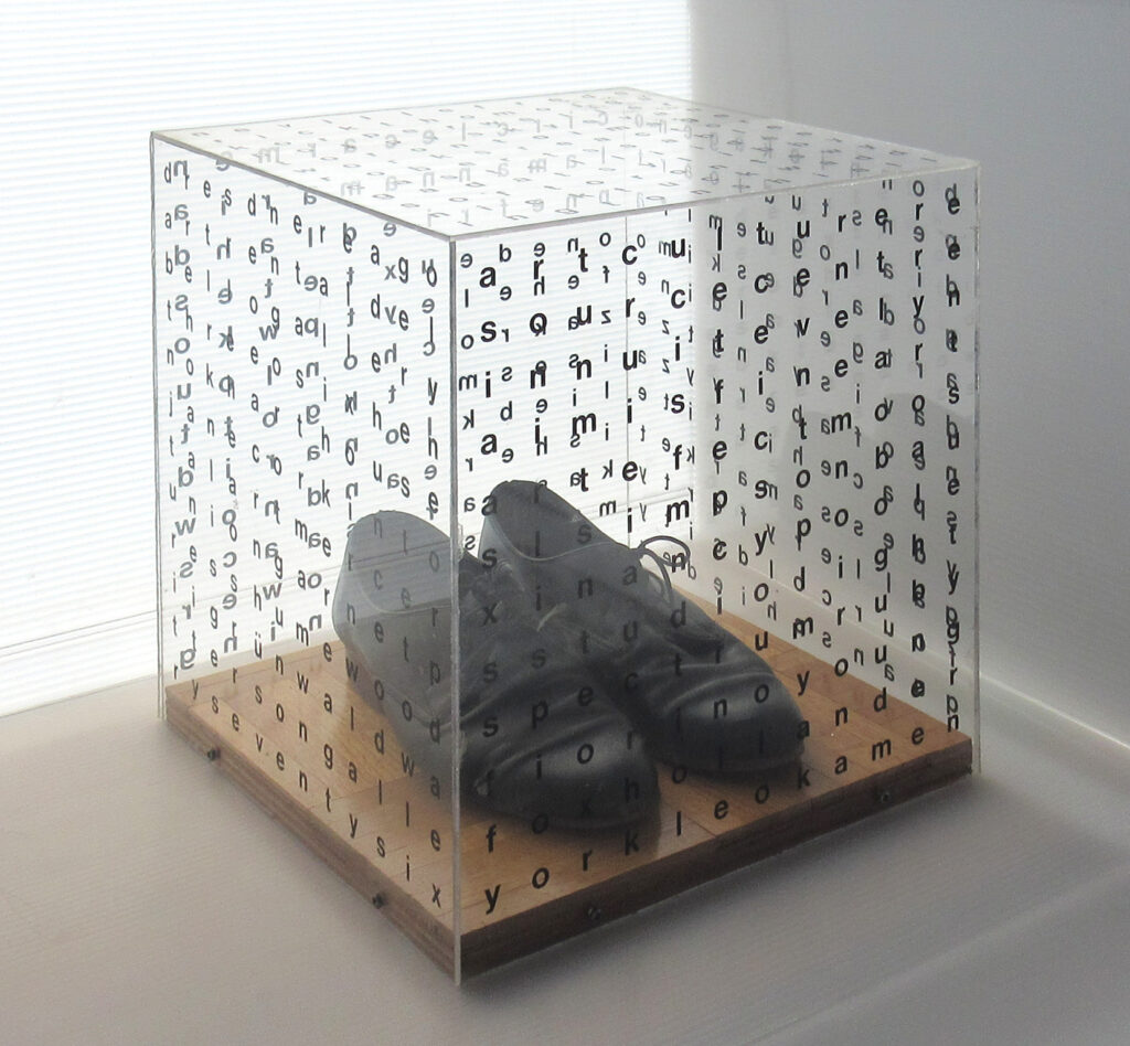 Steve Rockwell, Gallery Space (Shoes), 1988, acrylic, wood floor, shoes, 14 x 14 x 15 inches