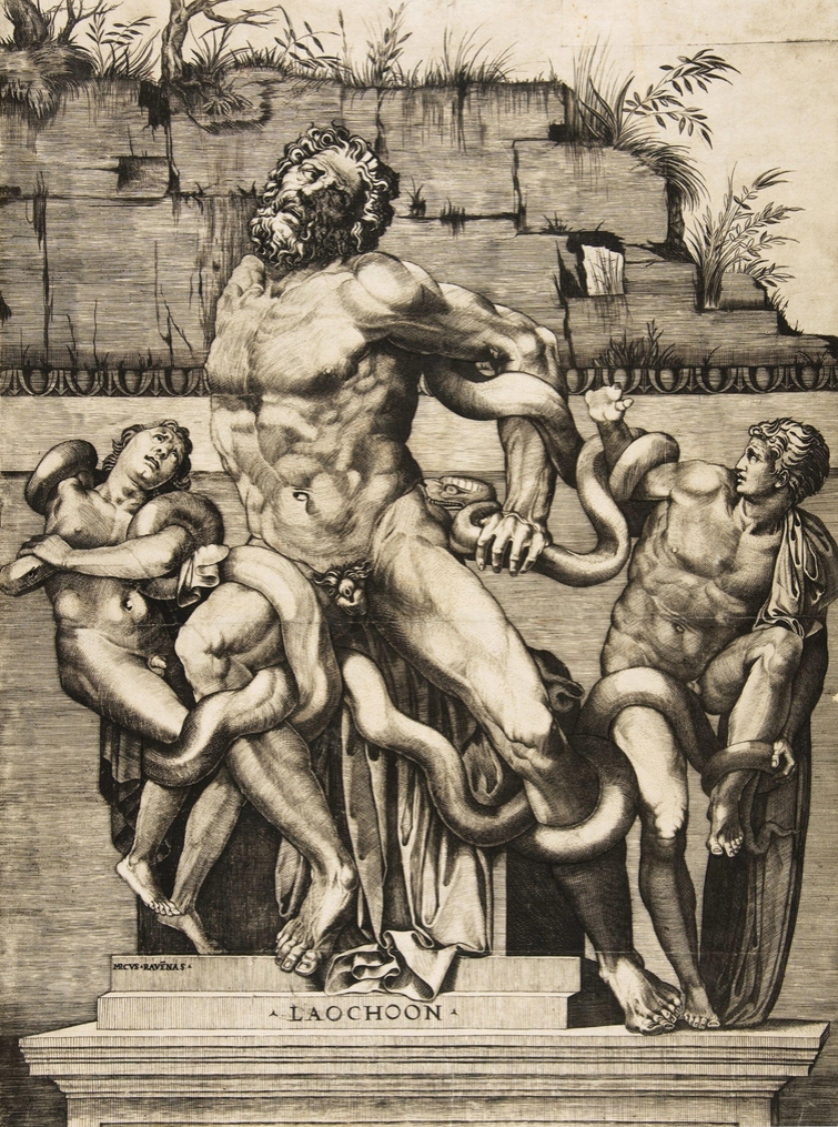 Laocoön Group, Marco Dente's engraving, c. 1515, early visual record of the sculpture as it looked after the 1506 excavation, before later restorations—most notably, Laocoön is shown with the right arm missing