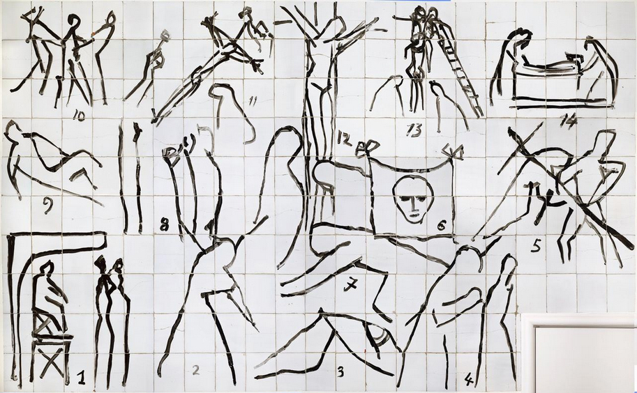 Henri Matisse, Stations of the Cross (1948–1951) in the Chapel of the Rosary (Chapelle du Rosaire) at Vence, France. It is a single large black-and-white ceramic mural containing all 14 Stations, rather than the stations being distributed around the chapel.