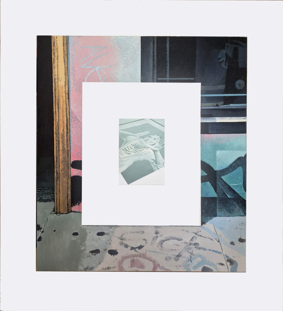 Steve Rockwell, Mime on Melrose, Abandoned Painting, 1995, acrylic on canvas with wood and masonite frame, 52 x 48 inches. The painted work is a double-frame record of the "abandonment," a work within a work