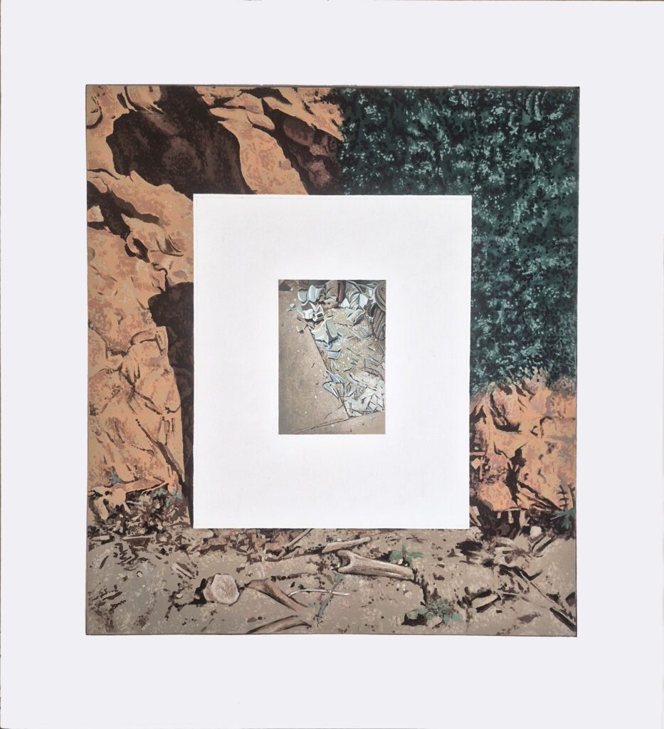 Steve Rockwell, New York Trash on Point Dume, (Malibu Jetsam), 1995, acrylic on canvas with wood and masonite frame, 52 x 48 inches. The painted work is a double-frame record of the "abandonment," a work within a work