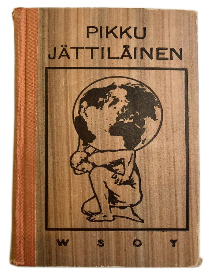 The 1944 Pikku Jättiläinen cover has the distinctive image of a kneeling figure carrying the globe on his back, with PIKKU JÄTTILÄINEN printed above it. It was edited by Yrjö Karilas and published by WSOY (Werner Söderström)