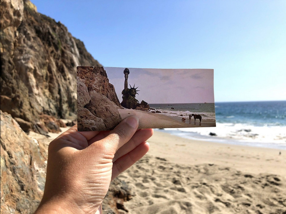 That final frontal image was a matte painting by Emil Kosa Jr., composited with the real cliffs and beach 