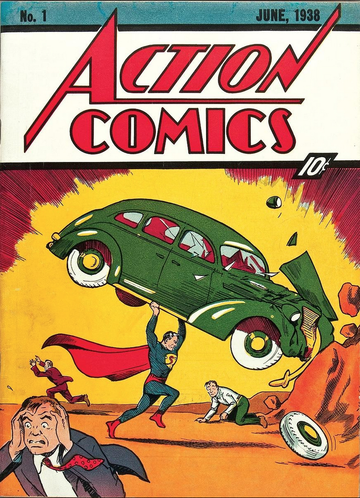 The first Superman comic is Action Comics #1, on the newsstands April 18, 1938. The original print run was roughly 200,000 copies. A 100 to 150 copies exist today. In April 2024, a pristine copy sold for $6.00 million USD