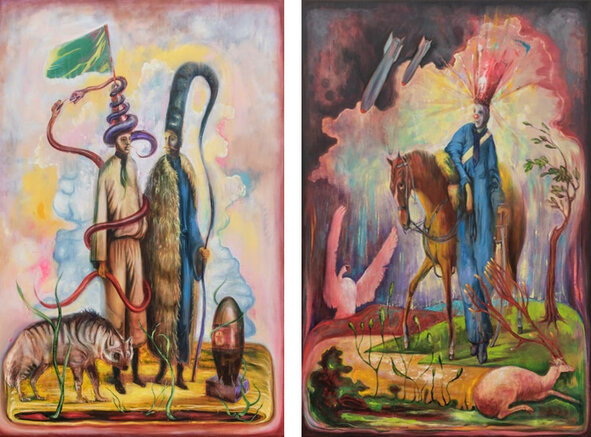 L-R: Zsolt Ferenczy, Horsemen gathering bombs (Bombászó csikósok) and The Rebel (A lázadó), each 2020, oil on canvas, 150 x 100 cm