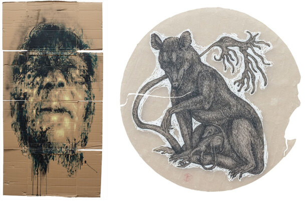 Zsolt Feranczy, Bestiary, Iceman (The Burden of the Past), 2019 – 2020, ink, acrylic, plastic tubes on cardboard, 210 x 120 cm (left) and Tasmanian Wolf, 2019 – 2020, ink, acrylic, plastic tubes on cardboard, 170 x 170 cm (right)